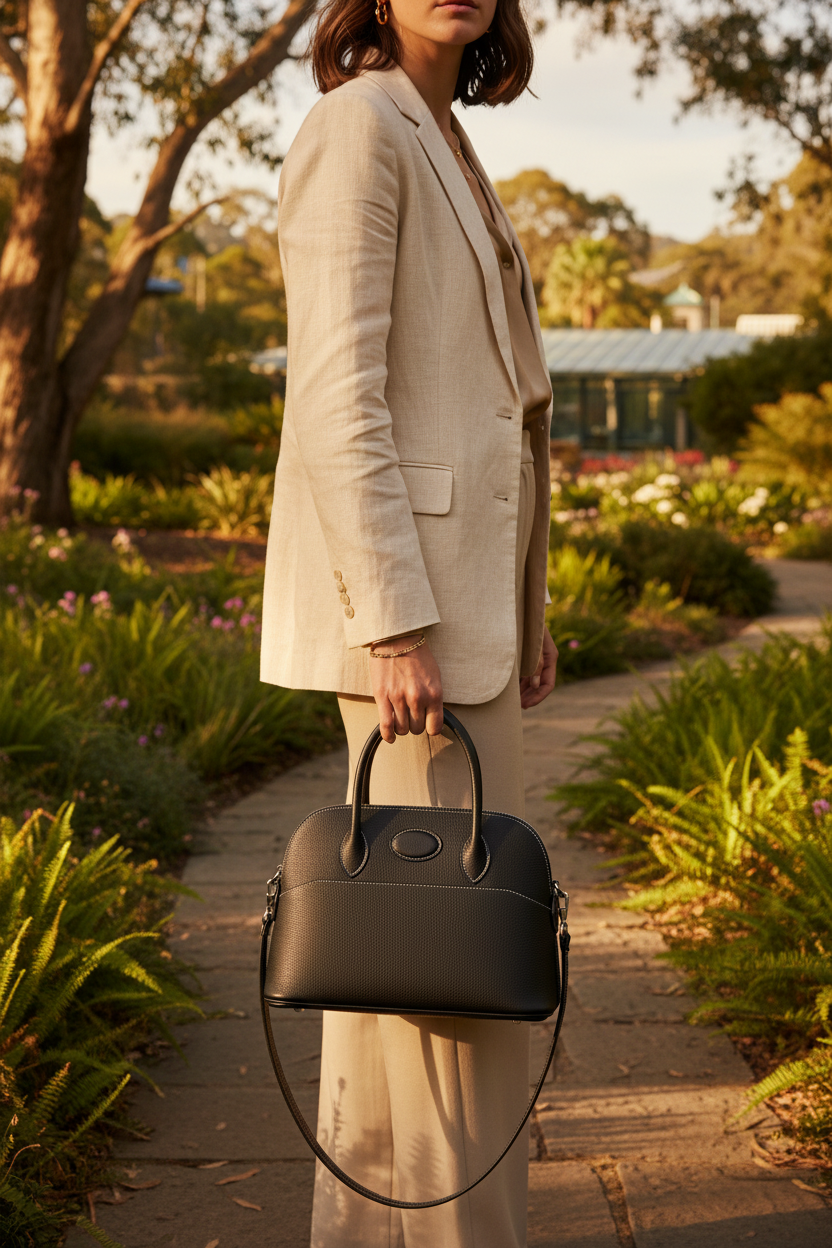 Lucienne black leather dome handbag lifestyle shot Eleia Stone Australia